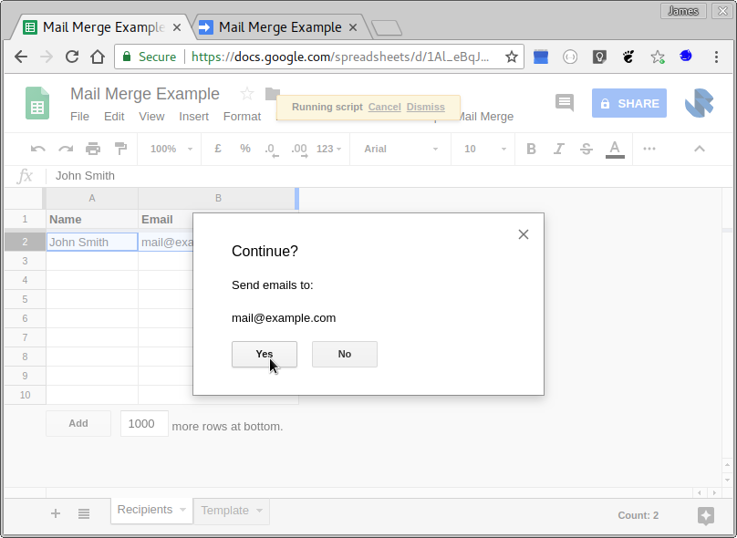 Mail Merge Example - Confirm Dialog