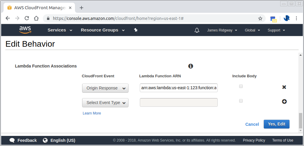 Associate AWS Lambda function by editing distribution behaviour