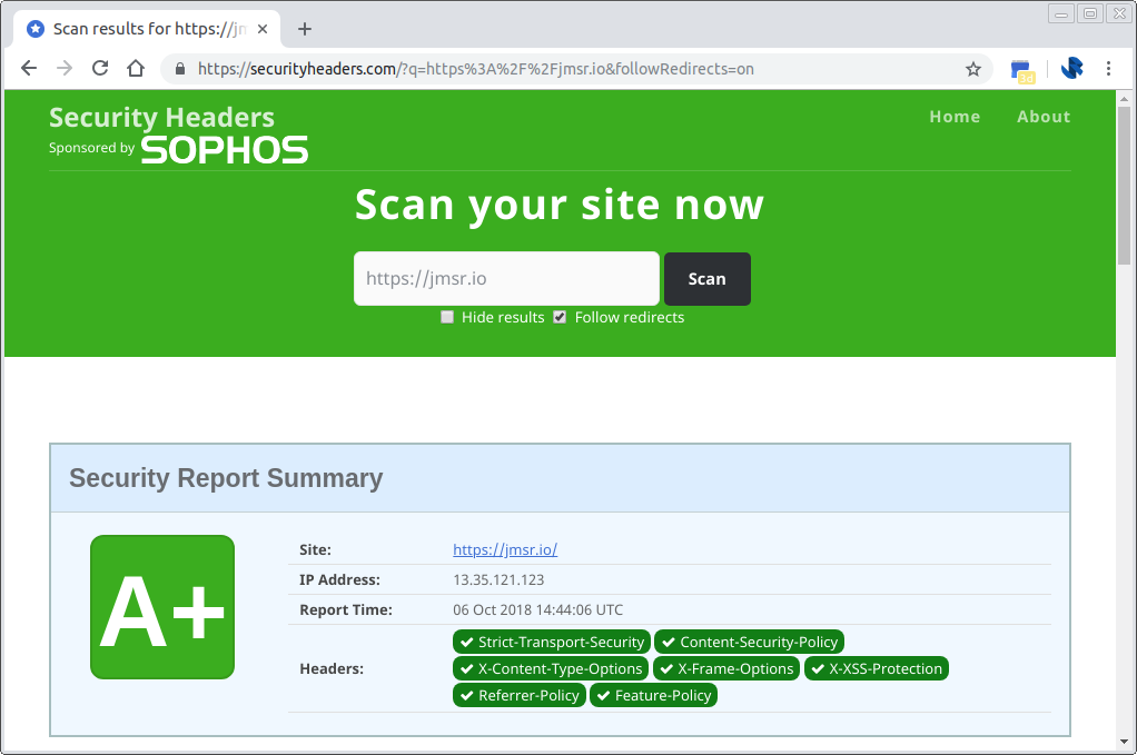 securityheaders.com Grade A+ assessment of jmsr.io
