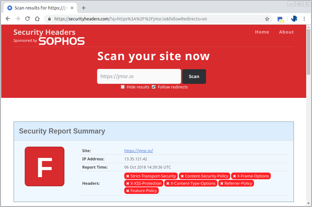securityheaders.com Grade F assessment of jmsr.io