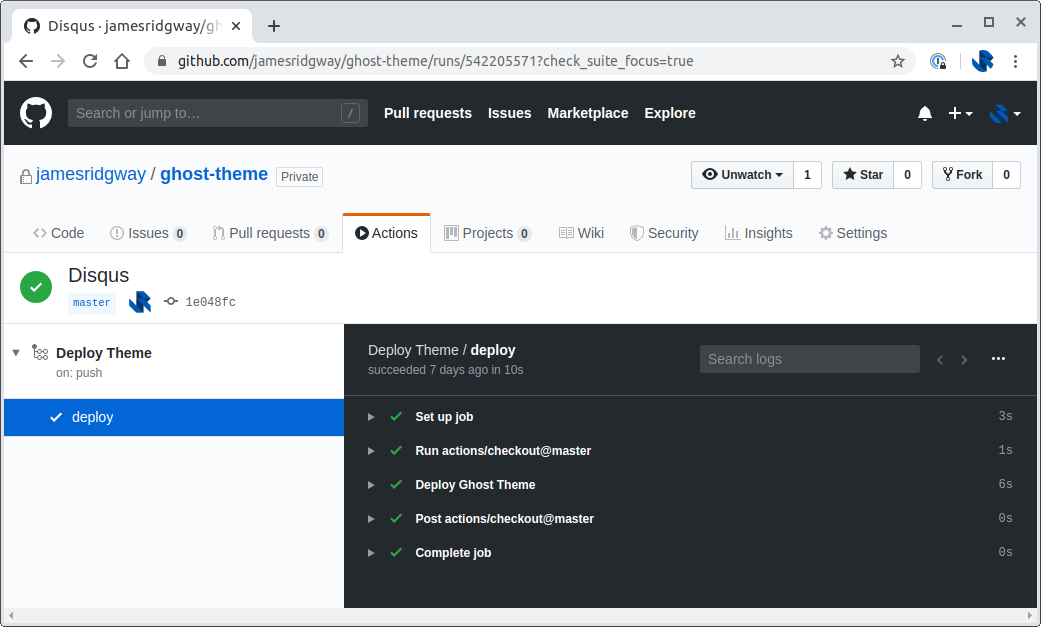 GitHub Actions showing deploy process for Ghost theme