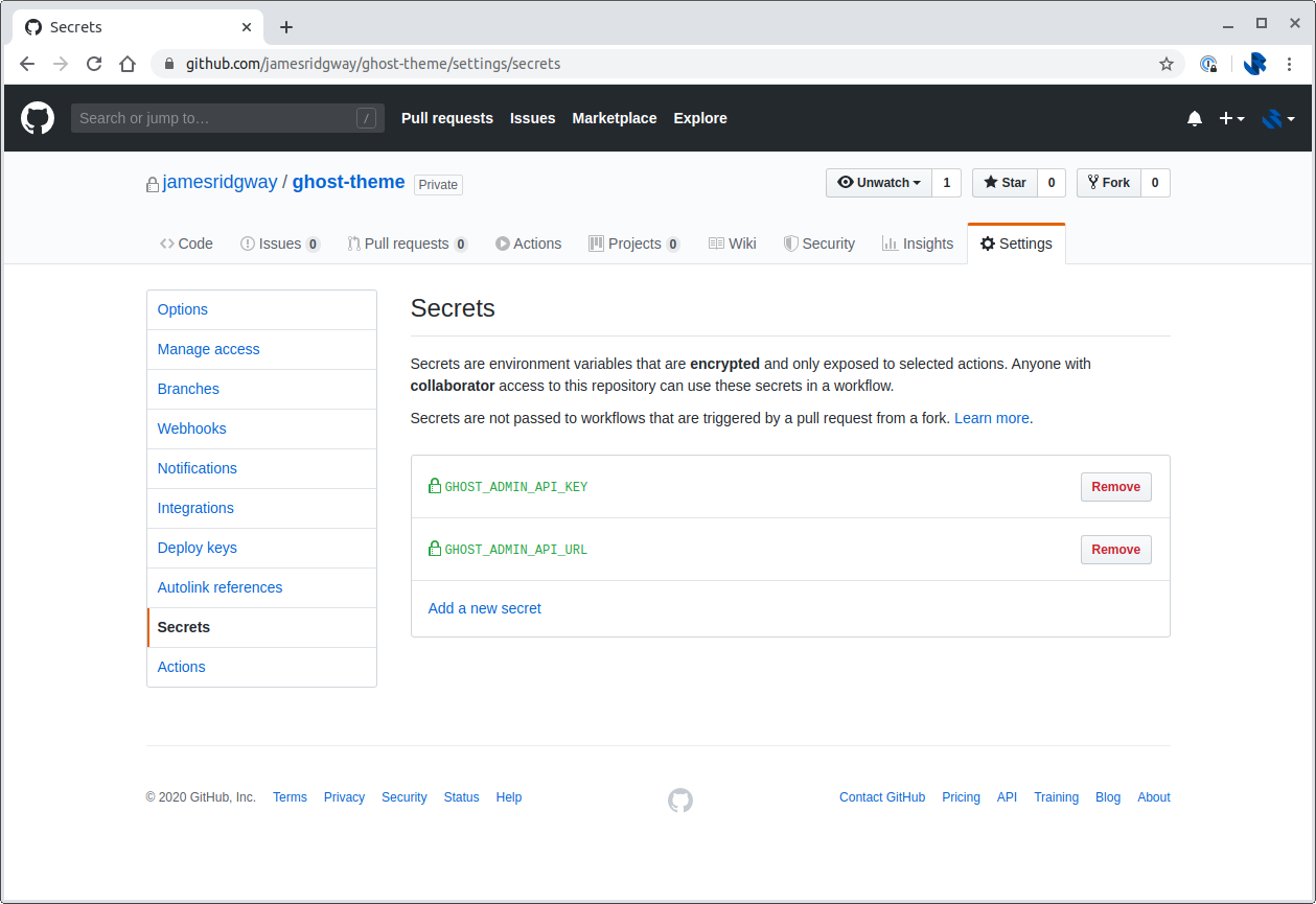 GitHub ghost-theme repository secrets