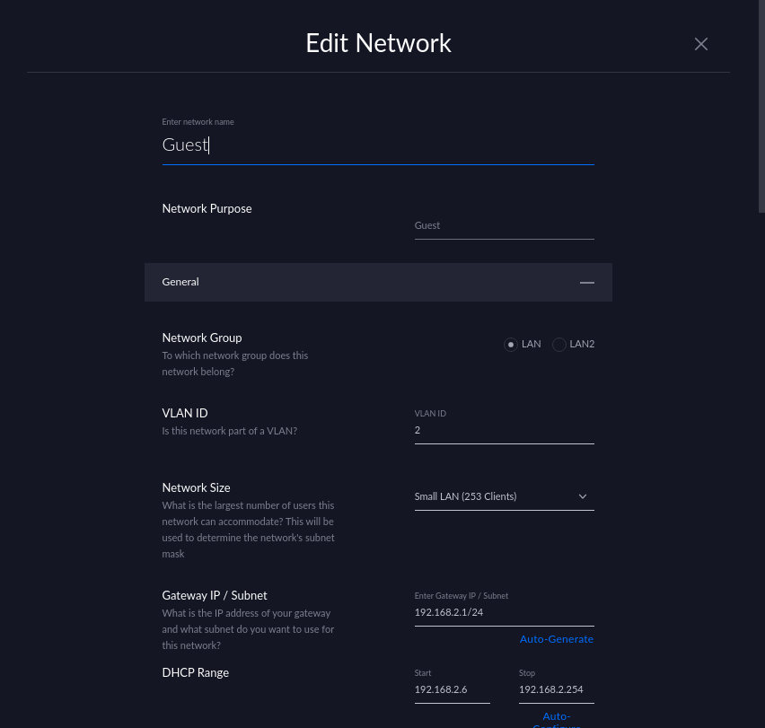 Settings for new VLAN network