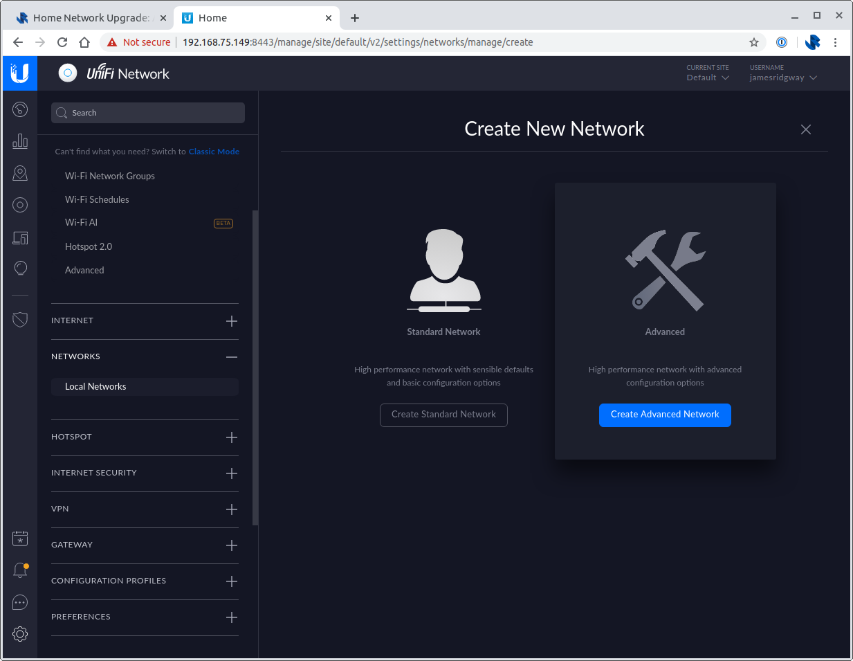 UniFi Controller: Settings > Network > Local Networks > Create Advanced Network