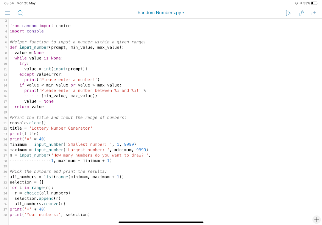 Example python script being edited in Pythonista