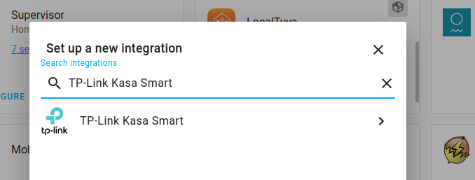 Selecting TP-Link Kasa Smart from Home Assistant Integration options