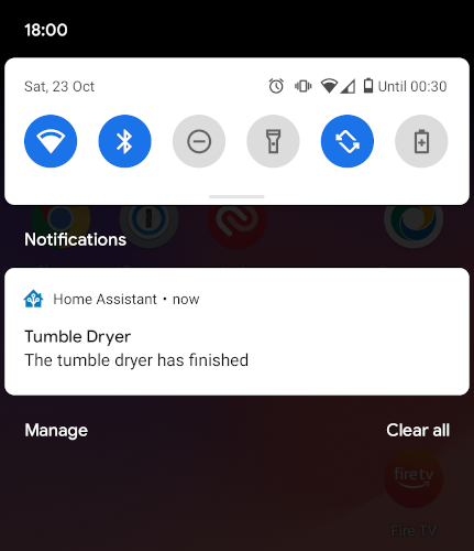 Android smartphone showing tubmle dryer has finished push notification