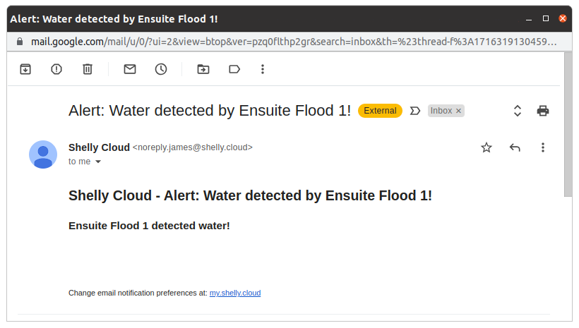 An email alert from Shelly Cloud notifying that water has been detected by the device