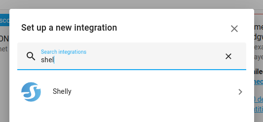 "Set up a new integration" screen in Home Assitant with Shelly selected