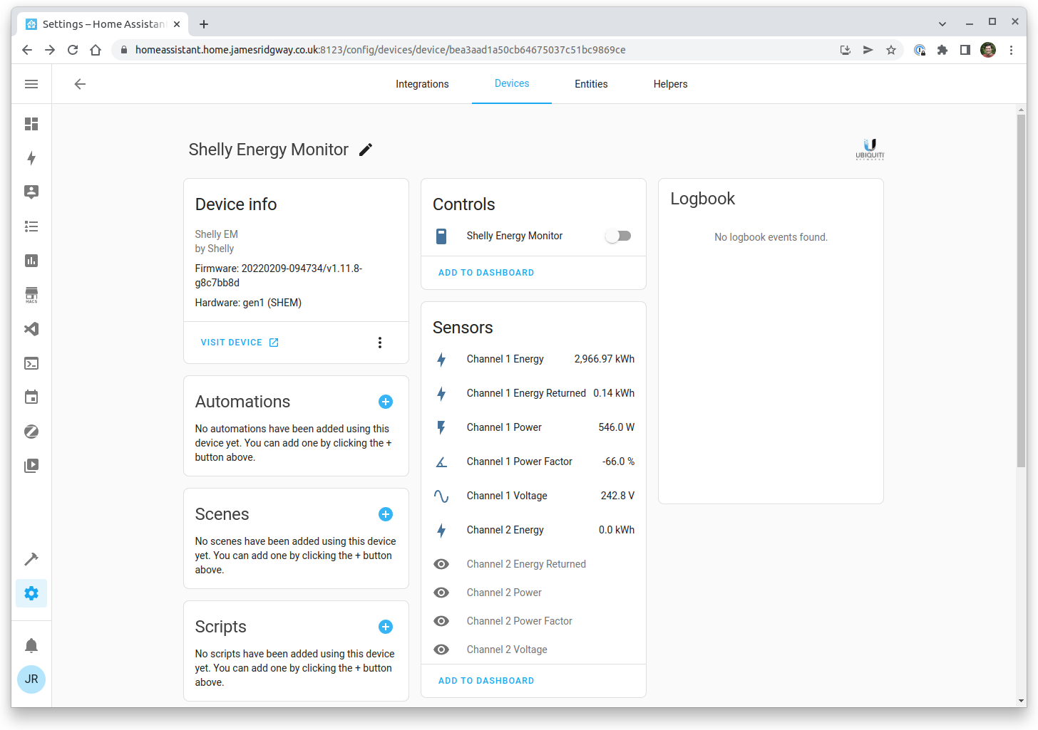 Shelly EM device in Home Assistant