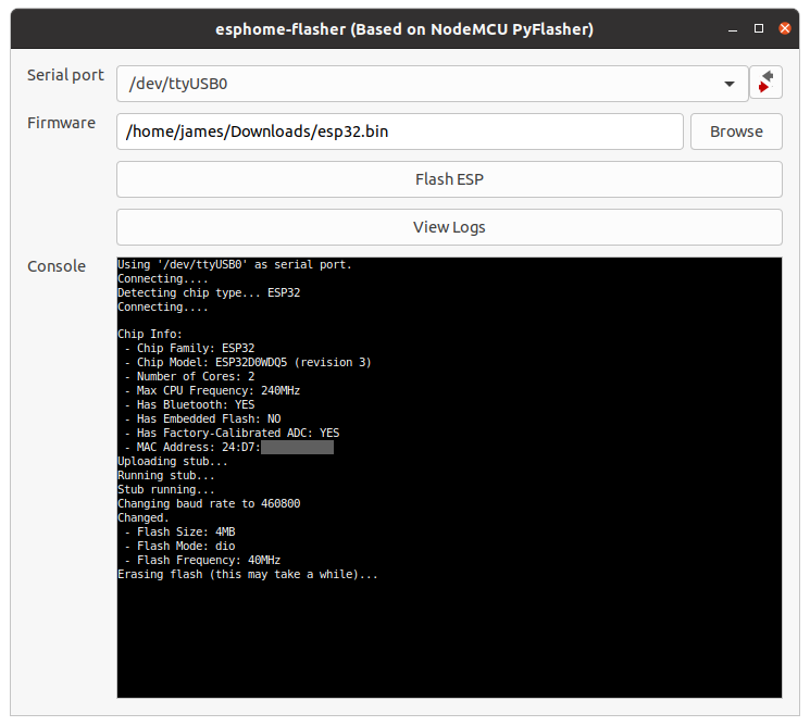 ESPHome-Flasher flashing a new ESP32-WROOM