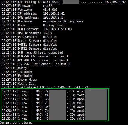 ESPHome-Flasher showing MAC and Device IDs of BLE beacons on boot.