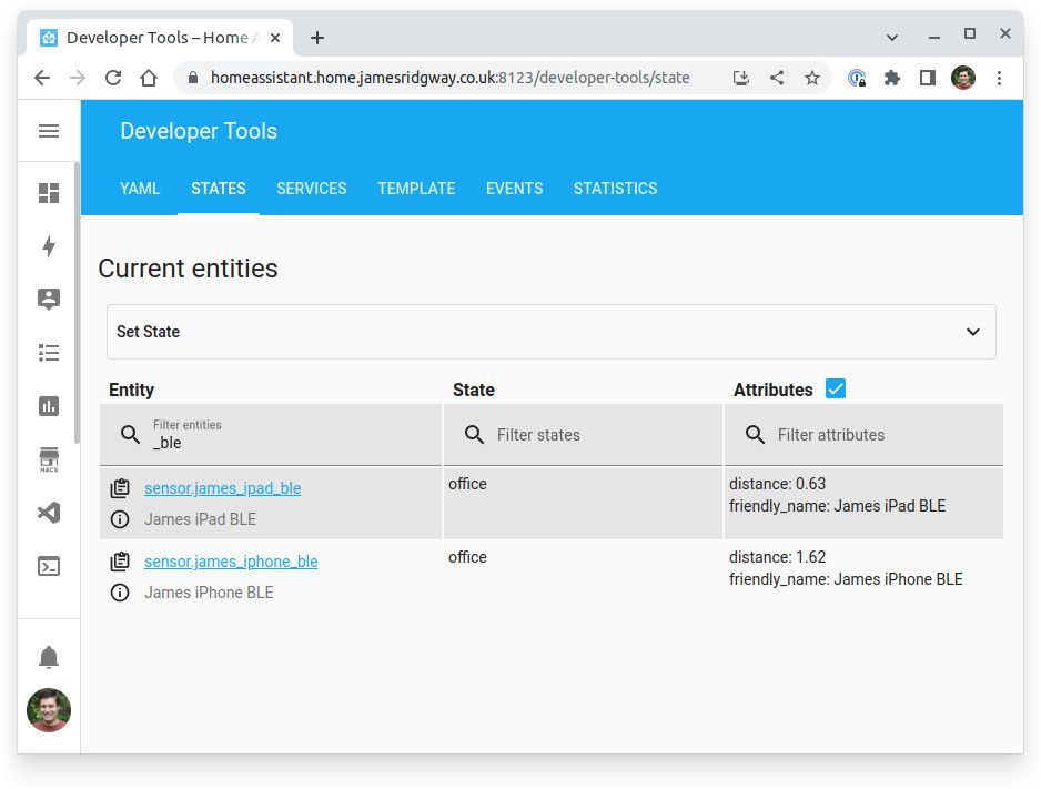 Home Assistant Developer Tools using ESPresense to determine that I am in my office.