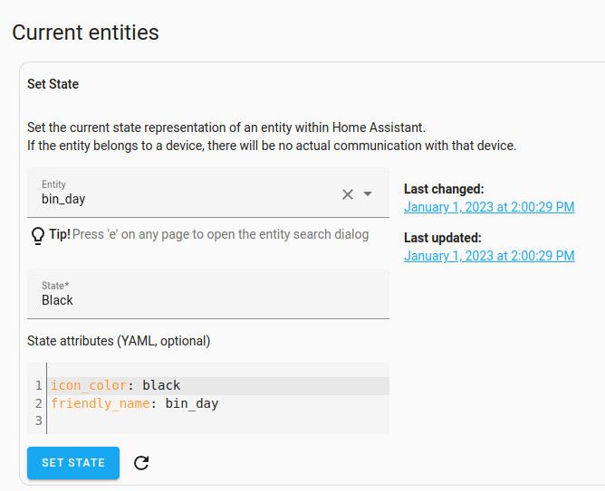 Home Assistant Developer Tools showing bin_day state with attributes