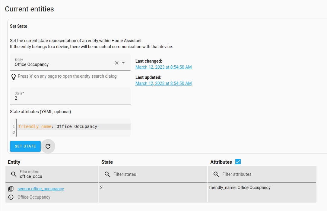 Office Occupancy sensor in Home Assistant showing the number of devices in the room