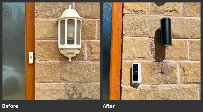 Before and after comparison of video doorbell with outdoor lights