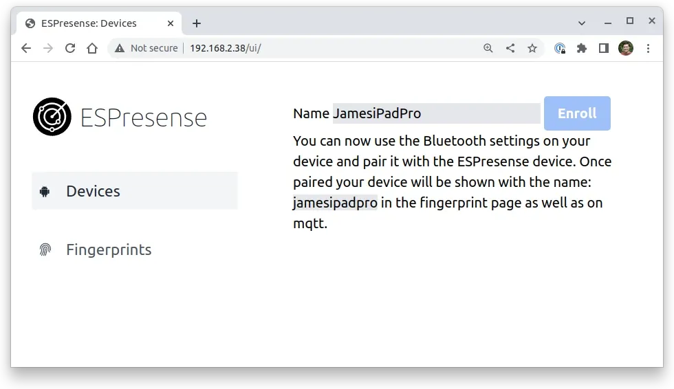 Instruction to pair device from ESPresense UI screen