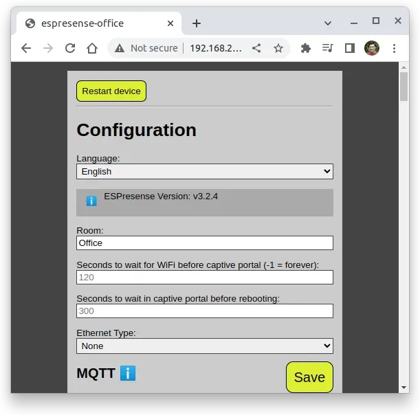 ESPresense configuration page showing version