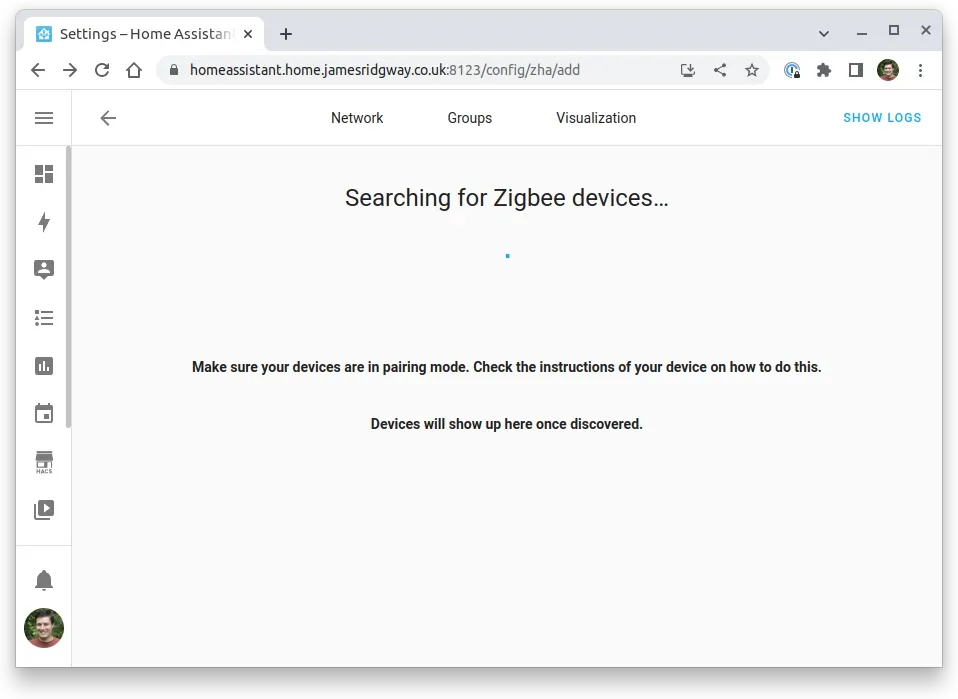 Searching for a Zigbee device in Home Assistant