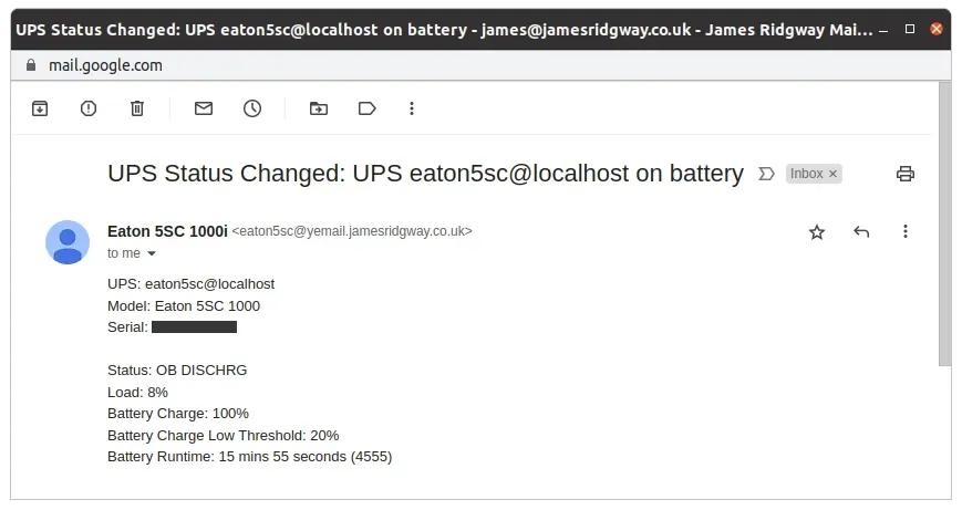 UPS monitoring alert email generated by Network UPS Tools