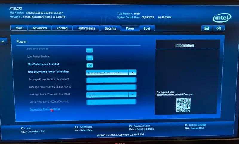 Power setings in NUC BIOS