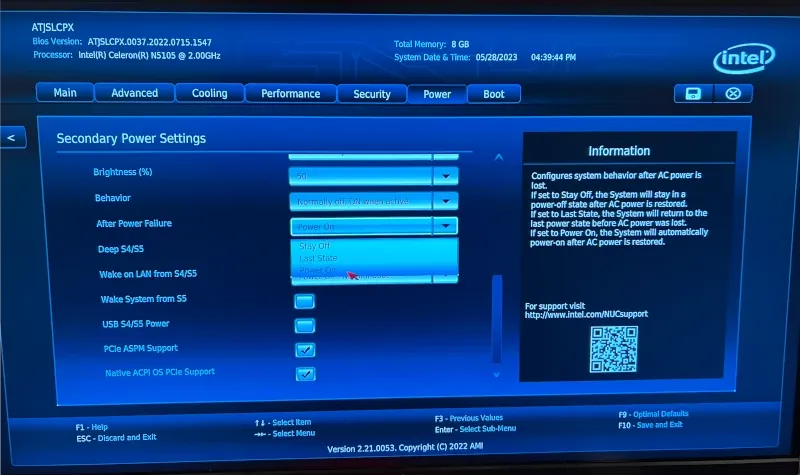 Scondary power setings in NUC BIOS