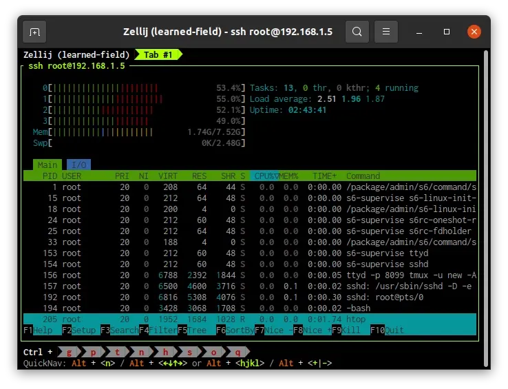 htop showing CPU and memory utilisation for Home Assistant and Frigate