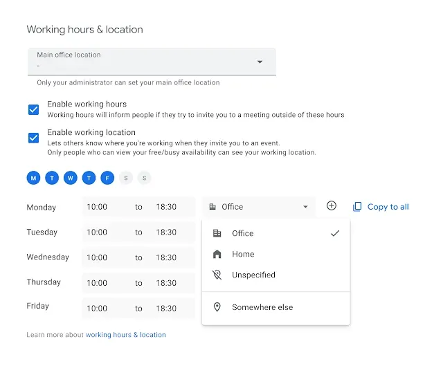 Specify working hours and location in Google Calendar settings
