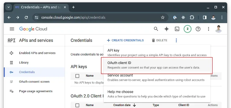 Create Oauth Client ID credentials