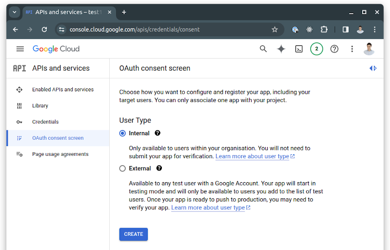 Google Cloud Credentials Consent configuration screen