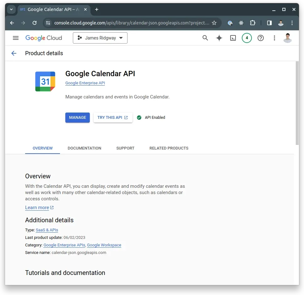 Enabling Google Calendar API in a new Google Cloud project