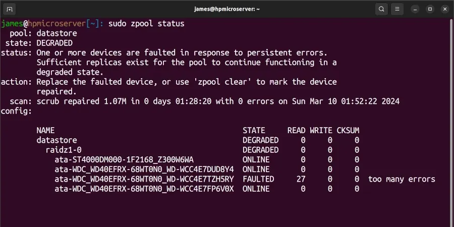 ZFS pool with a faulted device